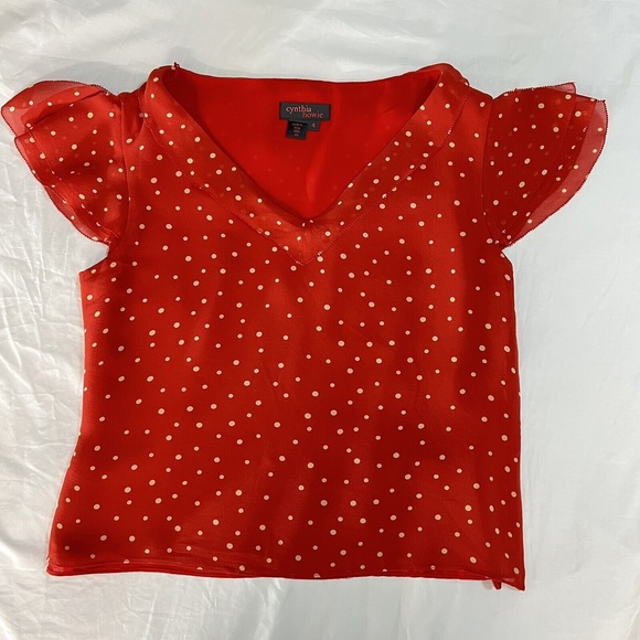 Cynthia Howie Womens 4 Blouse Red white polka dots petal sleeve Lined 100% Silk - Picture 9 of 11